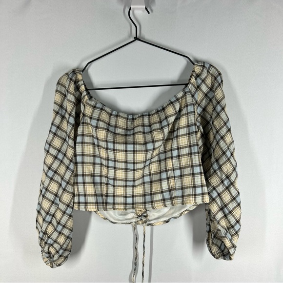 Zara Checkered Plaid Top Puff Sleeve Off Shoulder Ruched M A-16 - Picture 8 of 8